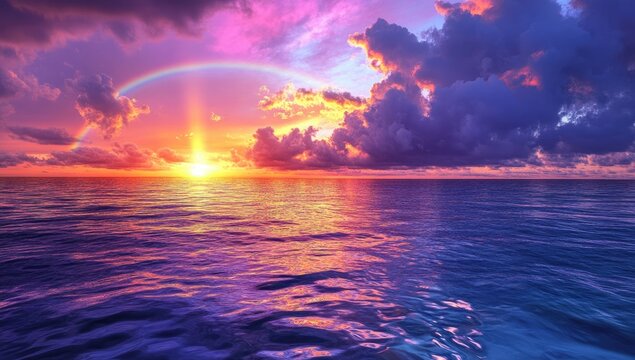 Epic sunset over a calm sea with a vibrant rainbow - Powered by Adobe