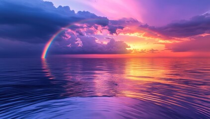Rainbow over a vibrant sunset sea