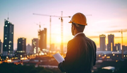 Architect observing city construction site at sunrise