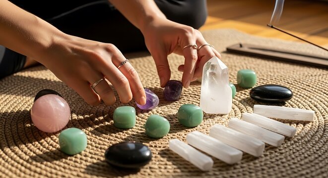 Hands arranging crystals for a mindful wellness ritual promoting balance and serenity at home