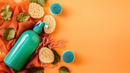 A two tone teal and orange body wash bottle accompanied by coral leaves and sponges rests on an orange background, creating a vibrant and fresh scene ideal for bathroom, skincare, and personal care 