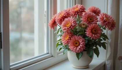 Elegant Pink Flowers in a White Vase by a Sunlit Window
