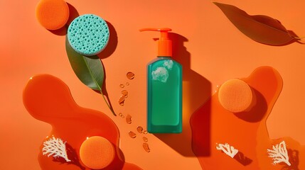A two tone teal and orange body wash bottle accompanied by coral leaves and sponges rests on an orange background, creating a vibrant and fresh scene ideal for bathroom, skincare, and personal care 