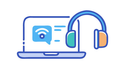 Laptop podcast headphones online learning webinar conference call virtual meeting remote work study from home setup