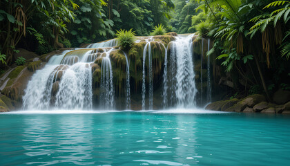 Fototapeta premium Majestic Tropical Waterfall Cascading into a Pristine Blue Lagoon