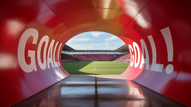 red tunnel leading to a soccer stadium, with a view of the field visible through the opening created with generative ai