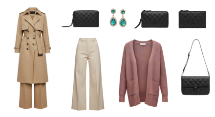 LIFESTYLE - Beige and pink women's clothing outfit flat lay with trench coat, wide leg pants, cardigan, black quilted handbags and turquoise earrings