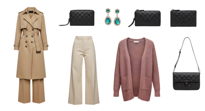 LIFESTYLE - Beige and pink women's clothing outfit flat lay with trench coat, wide leg pants, cardigan, black quilted handbags and turquoise earrings