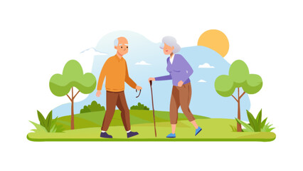 Elderly couple walking in park vector illustration for senior health and active lifestyle concept design asset