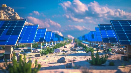 A futuristic solar farm in a vast desert rows of solar panels absorbing sunlight celebrating International Solar Power Day Ecofriendly hightech stock