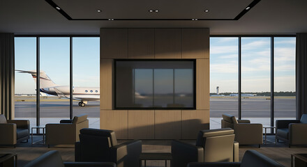 A sleek, minimalist blank screen in the exclusive waiting lounge of a private jet terminal (FBO), with a view of a private jet on the tarmac through the window