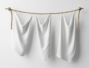 Three draped white cloths hanging from a beige rope against a plain white wall
