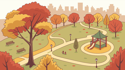 Autumn park scene vector illustration with playground benches and trees for fall season background design