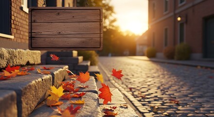 Rustic wooden sign beckons in autumn sunlight, inviting passersby with fall charm