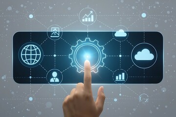 Finger touching digital interface with technology icons and glowing gear