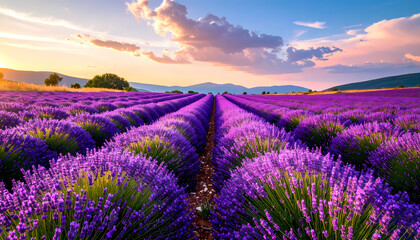 Naklejka premium Panoramic lavender field under a dramatic sky during summer