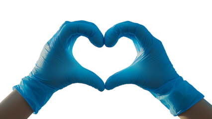 Two hands wearing blue nitrile gloves posing in a heart shape. Transparent background.