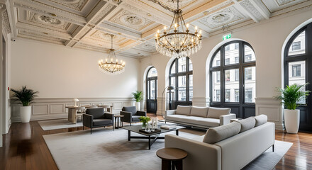 Fototapeta premium Spacious classic lounge with an ornate coffered ceiling crystal chandeliers and modern gray furniture.