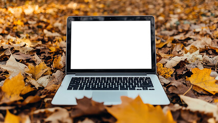 Laptop amid fall foliage, depicting an autumn work theme. The screen is blank.