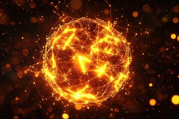 Obraz premium Glowing orange sphere composed of interconnected nodes and lines, set against a dark background speckled with bokeh lights, creating an ethereal and energetic effect