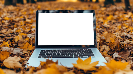 Laptop amid fall foliage, depicting an autumn work theme. The screen is blank.