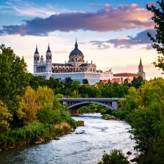 Naklejka premium Cathedral by river at sunset