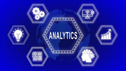 Animated analytics concept showing data processing and global technological connections - Powered by Adobe