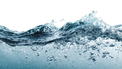 A dynamic wave of clear water with numerous air bubbles, set against a stark white backdrop, showcasing texture and movement
