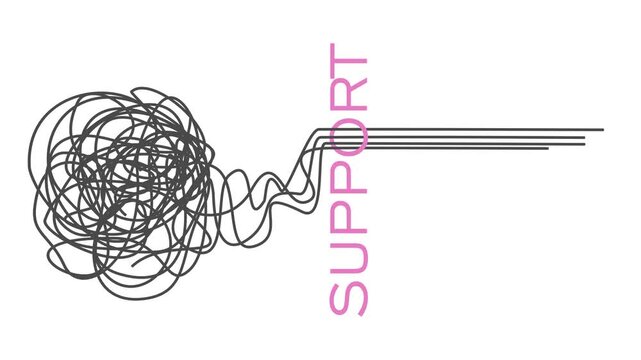 Process of solving, unleashing problems animation. From a complex problem to a simple business solution. Brainstorming video. Chaotic lines unraveling by support word