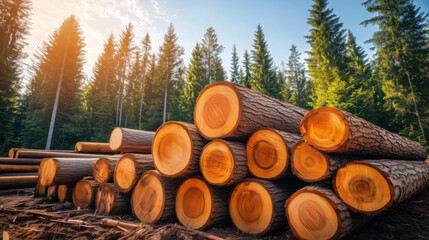 Neatly stacked felled trees in forest logging operation, with sunlight filtering through tall pine trees