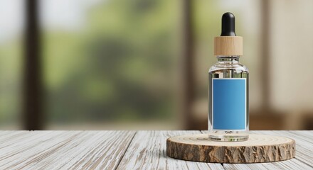 Elegant glass dropper bottle with blue label, natural wood