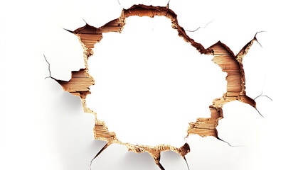 a hole ripped in the white paper, revealing the wood grain beneath.