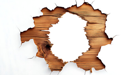 a hole ripped in the white paper, revealing the wood grain beneath.