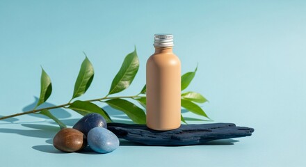 Natural skincare packaging concept with organic elements and soft light