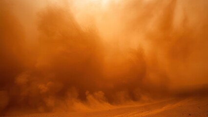Intense Desert Dust Storm: Dramatic Orange Haze, Atmospheric Phenomenon, Sandy Terrain.