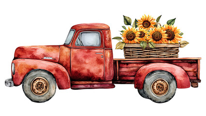 Watercolor of a red pickup truck carrying pumpkins and sunflowers.