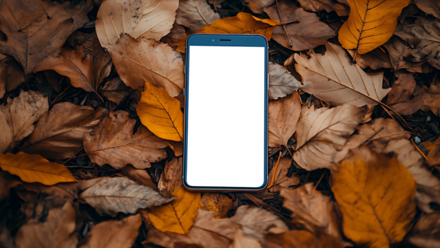 A smartphone sits amidst a field of fallen leaves, its screen transparent.