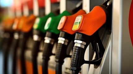 A row of colorful gas pumps with no visible people, focusing on the orange nozzle