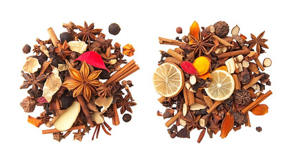 Two piles of mulled wine spices. Star anise, cinnamon, dried citrus, and peppercorns, for adding to hot drinks.
