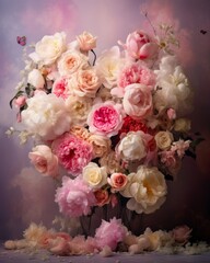 A heartshaped floral arrangement made of delicate roses and peonies romantic soft lighting aesthetic highquality photography