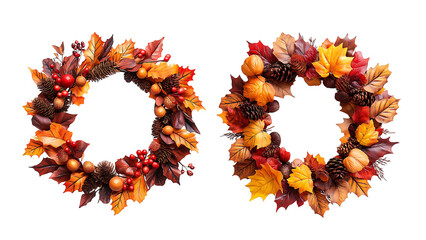 A fall wreath featuring colorful leaves, berries, and pinecones evokes the warm aesthetic of the harvest season.