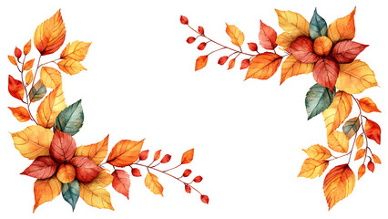 Watercolor autumn leaves frames with text space. Hand painted fall border for cards and invitations
