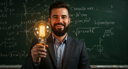 'A confident, bearded man in a suit holding a glowing light bulb, standing in front of a chalkboard filled with complex mathema...