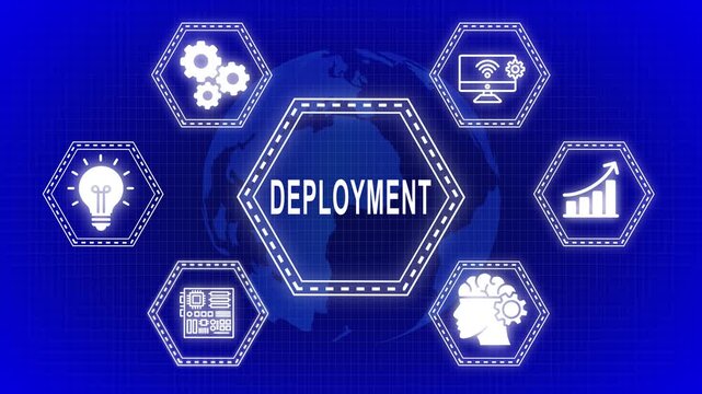Technology deployment process illustrated by graphics with global connection and icons