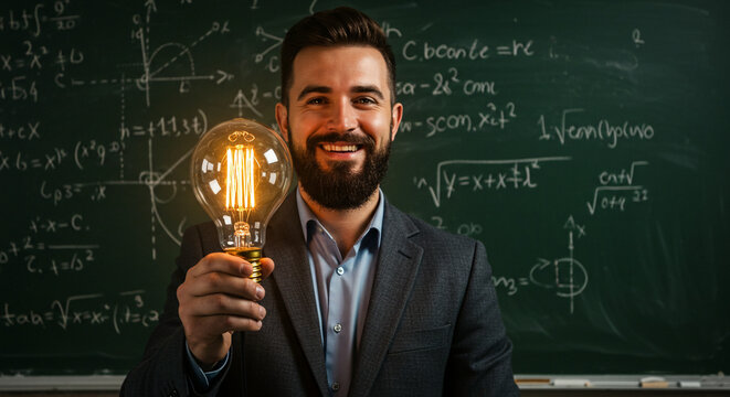 'A confident, bearded man in a suit holding a glowing light bulb, standing in front of a chalkboard filled with complex mathema...