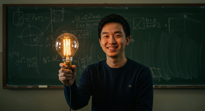 ''A young man confidently holding a glowing light bulb in front of a chalkboard filled with mathematical equations, symbolizing...