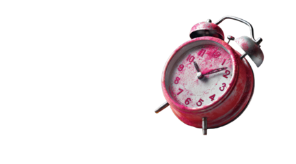 Pink vintage alarm clock, slightly distressed, isolated on black