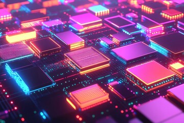 A vibrant, abstract close-up of a futuristic circuit board with glowing neon pink, orange, and blue rectangular components interconnected by thin, illuminated lines on a dark surface