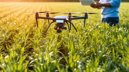 A farmer in a blue shirt and jeans stands in a lush green field, holding a tablet and a camera, with a drone hovering above the field.