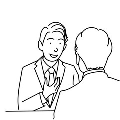 商談や面接で自己紹介をするスーツ姿の男性 線画スタイルのビジネスベクターイラストレーション